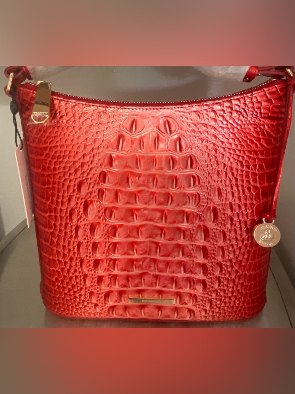 NEW-BRAHMIN METALLIC OMBRÉ MELBOURNE CROC EMBOSSED LEATHER CROSSBODY HANDBAG